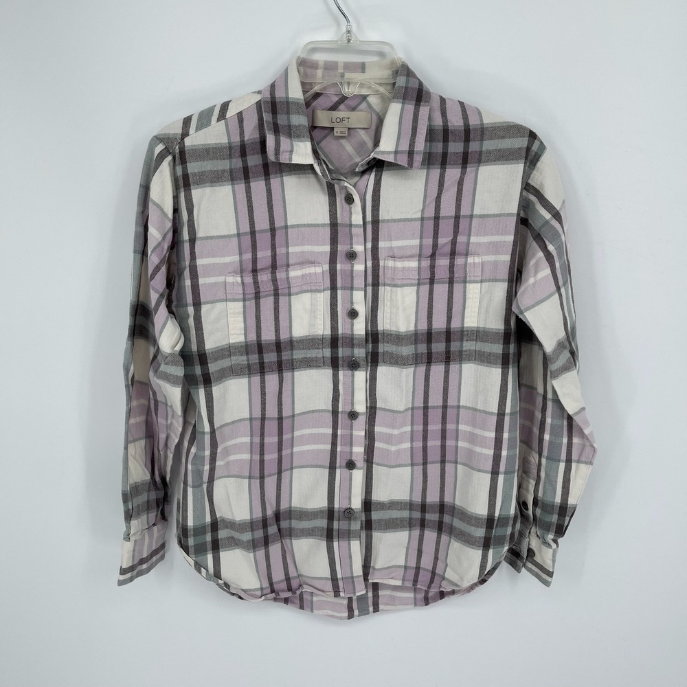 LOFT Women's Purple Plaid Flannel Long Sleeve Button Down Shirt Size XS